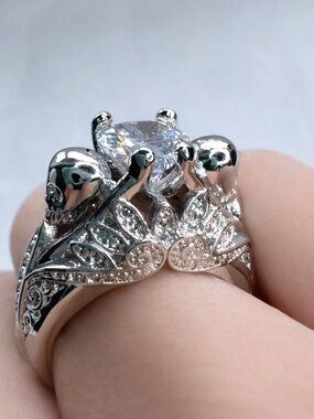 Sterling Silver Skull Lotus Heart CZ Ring S925 Gothic Filigree NWOT